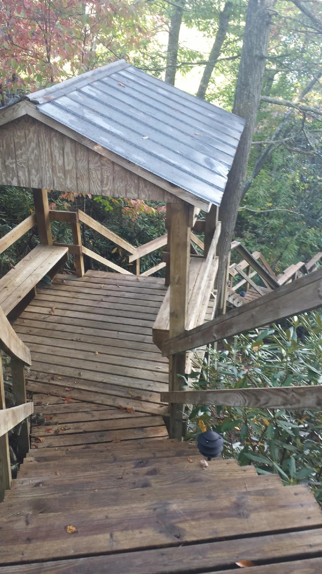 Metal roofed shelter over wooden steps on a wooded walkway — Skylight Repair & Installation work by our crew in Woodstock Valley